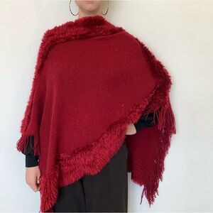 Vintage Deep Red Fringed Poncho shawl with red faux fur